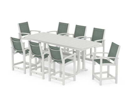 POLYWOOD® Coastal 9-Piece Counter Set with Trestle Legs in White / Dupioni Sea Mist Sling