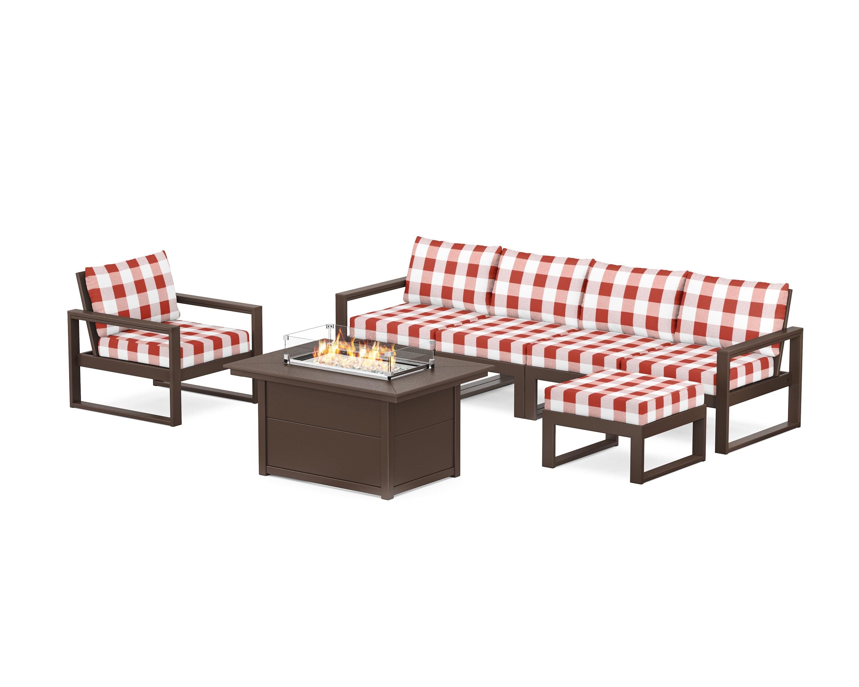 POLYWOOD® EDGE Sectional Lounge and Fire Pit Set in Mahogany / Buffalo Plaid Crimson