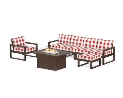 POLYWOOD® EDGE Sectional Lounge and Fire Pit Set in Mahogany / Buffalo Plaid Crimson