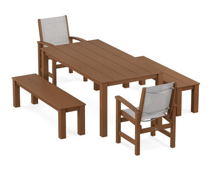 POLYWOOD® Coastal 5-Piece Parsons Dining Set with Benches in Teak / Parchment Sling