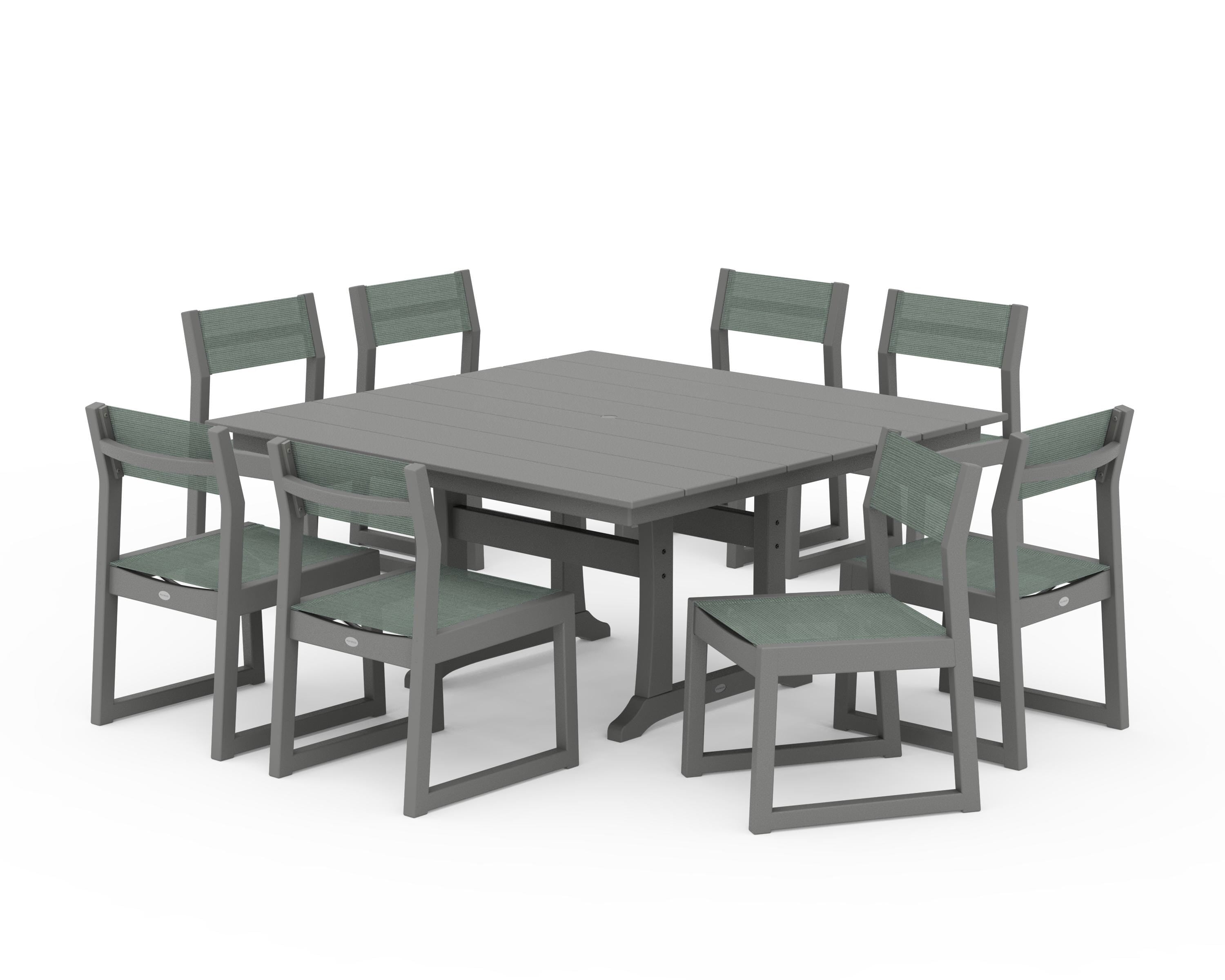 POLYWOOD® EDGE Sling Side Chair 9-Piece Farmhouse Trestle Dining Set in Slate Grey / Dupioni Sea Mist Sling