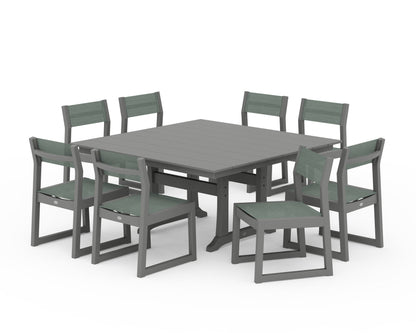 POLYWOOD® EDGE Sling Side Chair 9-Piece Farmhouse Trestle Dining Set in Slate Grey / Dupioni Sea Mist Sling