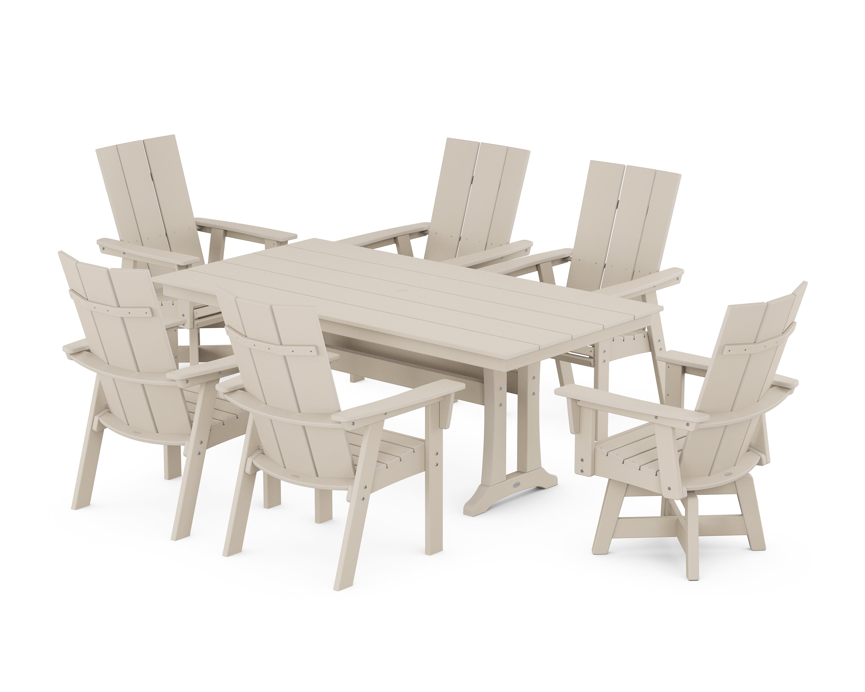 POLYWOOD® Modern Curveback Adirondack Swivel Chair 7-Piece Farmhouse Dining Set With Trestle Legs in Sand