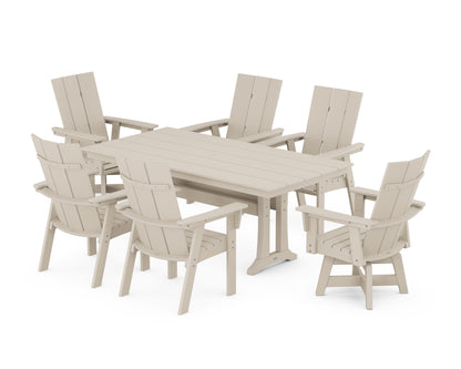 POLYWOOD® Modern Curveback Adirondack Swivel Chair 7-Piece Farmhouse Dining Set With Trestle Legs in Sand