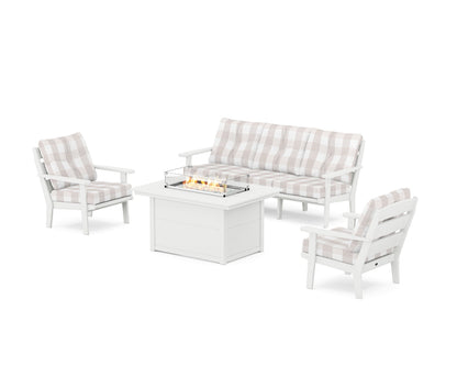 POLYWOOD® Lakeside Deep Seating Fire Pit Table Set in White / Buffalo Plaid Dune Burlap