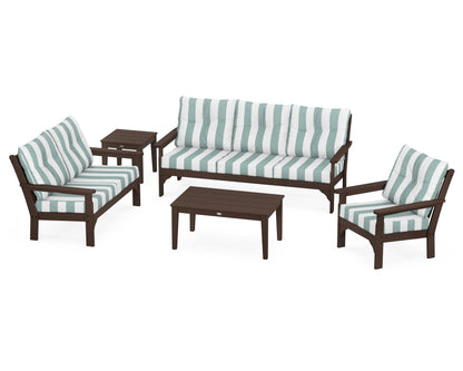 POLYWOOD® Vineyard 5 Piece Deep Seating Set in Mahogany / Cabana Stripe Glacier Spa