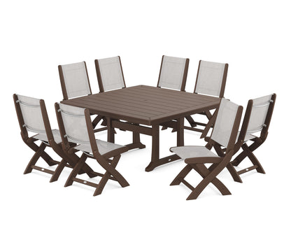 POLYWOOD® Coastal Folding Side Chair 9-Piece Dining Set with Trestle Legs in Mahogany / Parchment Sling