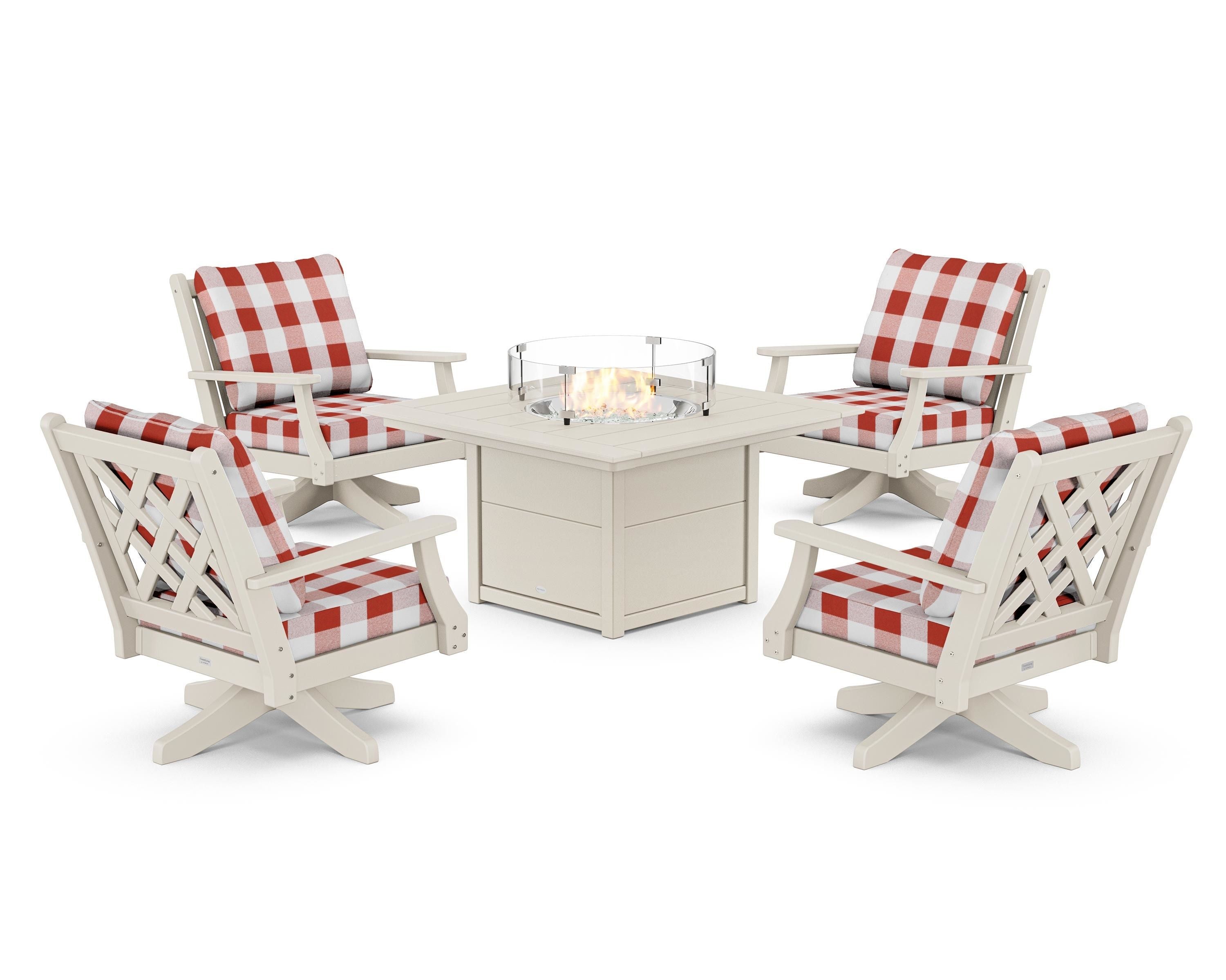 Country Living Wovendale 5-Piece Deep Seating Swivel Conversation Set with Fire Pit Table in Sand / Buffalo Plaid Crimson