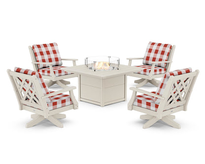 Country Living Wovendale 5-Piece Deep Seating Swivel Conversation Set with Fire Pit Table in Sand / Buffalo Plaid Crimson