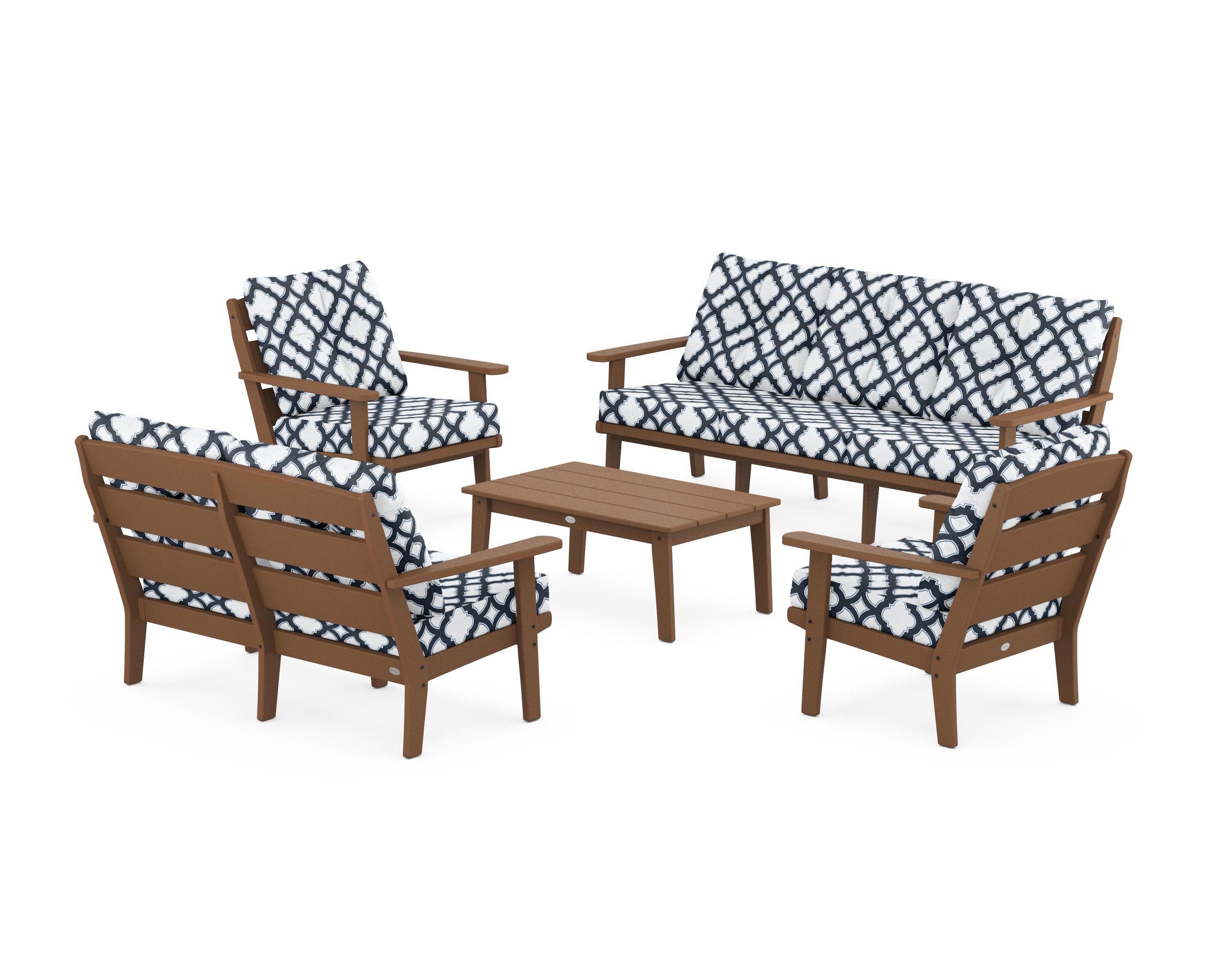 POLYWOOD® Lakeside 5-Piece Lounge Sofa Set in Teak / Trellis Marine Indigo