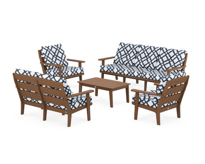 POLYWOOD® Lakeside 5-Piece Lounge Sofa Set in Teak / Trellis Marine Indigo