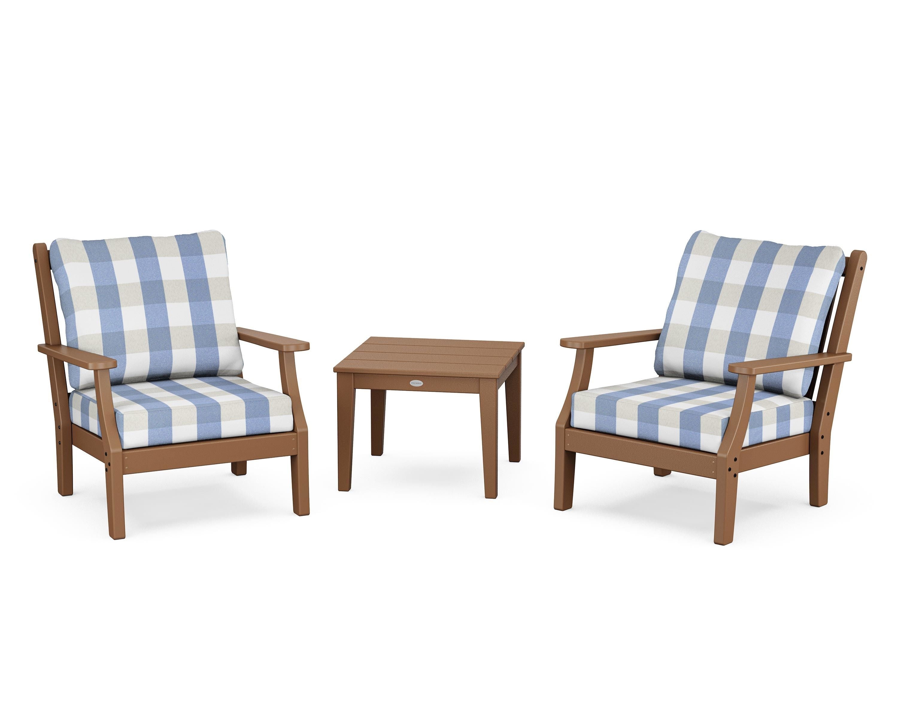 Country Living Wovendale 3-Piece Deep Seating Set in Teak / Buffalo Plaid Sky Blue