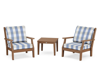Country Living Wovendale 3-Piece Deep Seating Set in Teak / Buffalo Plaid Sky Blue