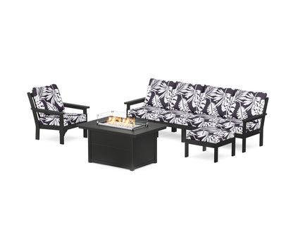 POLYWOOD® Vineyard Sectional Lounge and Fire Pit Set in Black / Leaf Navy