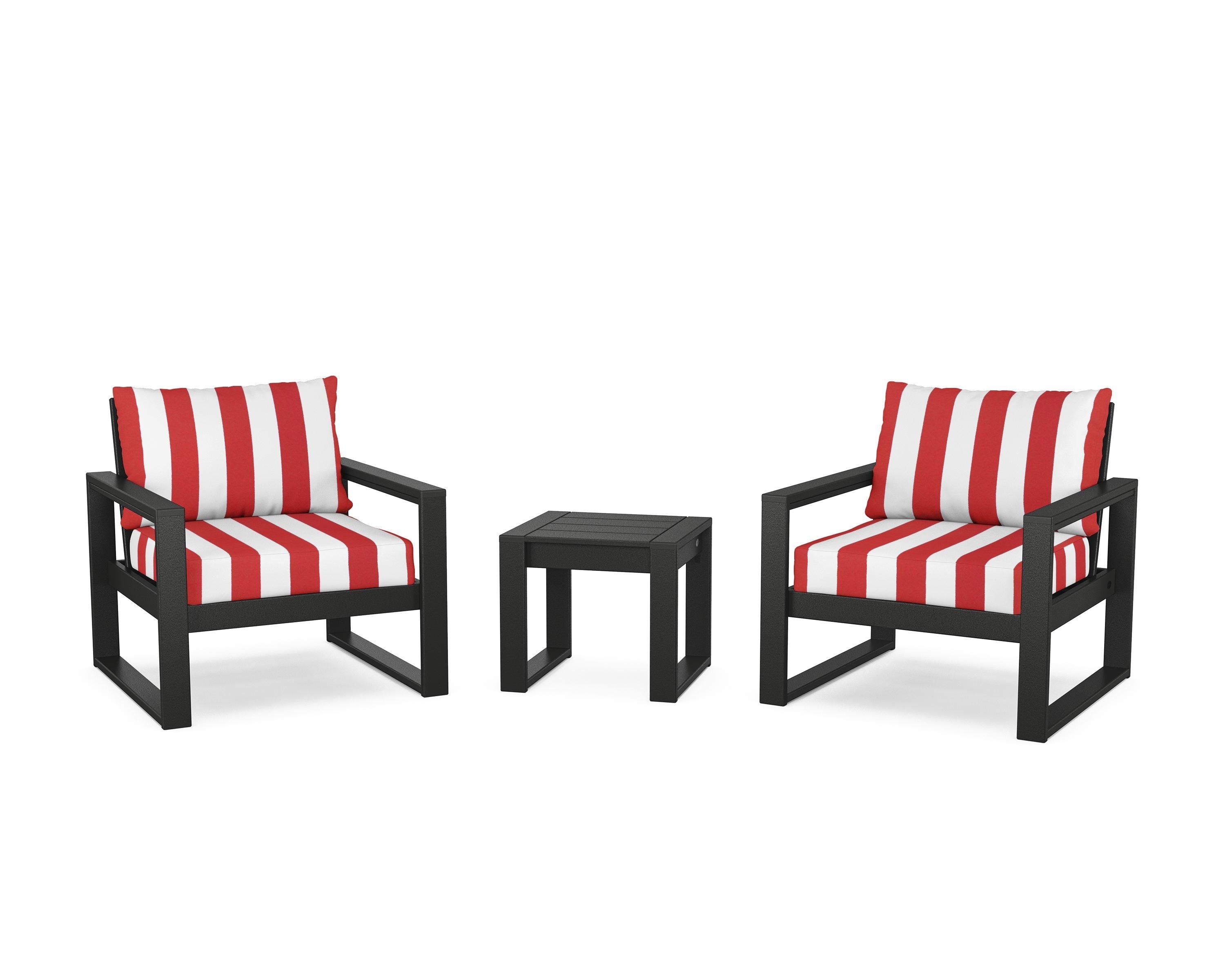 POLYWOOD® EDGE Sectional 3-Piece Deep Seating Set in Black / Cabana Stripe Crimson