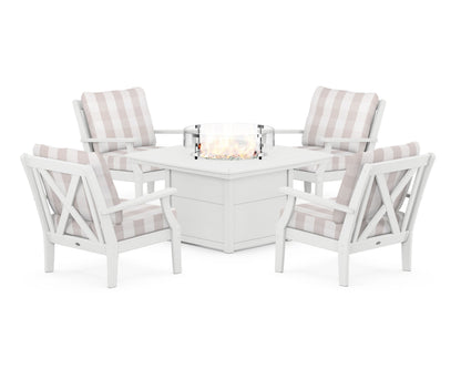 POLYWOOD® Braxton 5-Piece Deep Seating Conversation Set with Fire Pit Table in White / Buffalo Plaid Dune Burlap