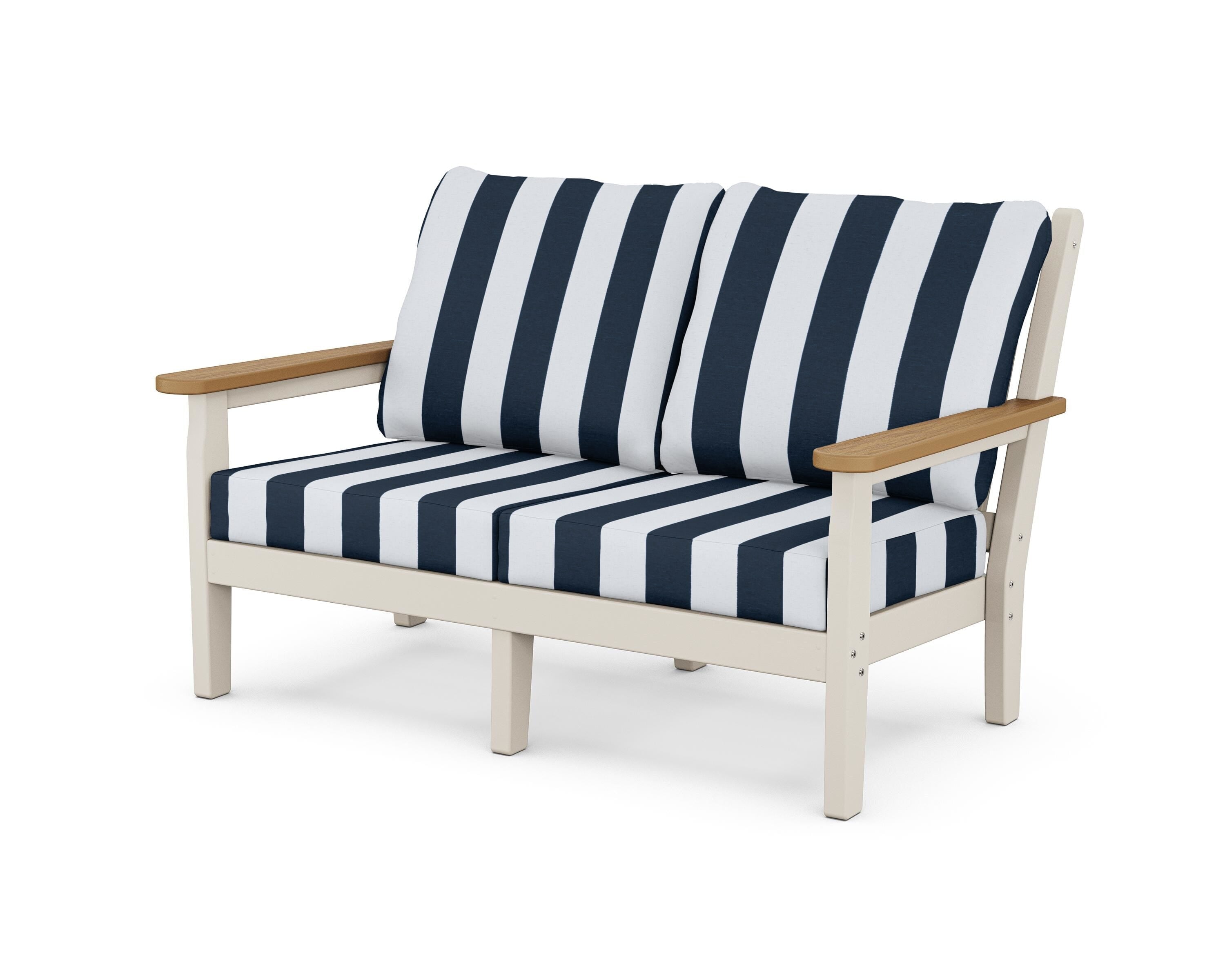 POLYWOOD® Chippendale Deep Seating Loveseat in Sand / Natural / Cabana Stripe Marine Indigo
