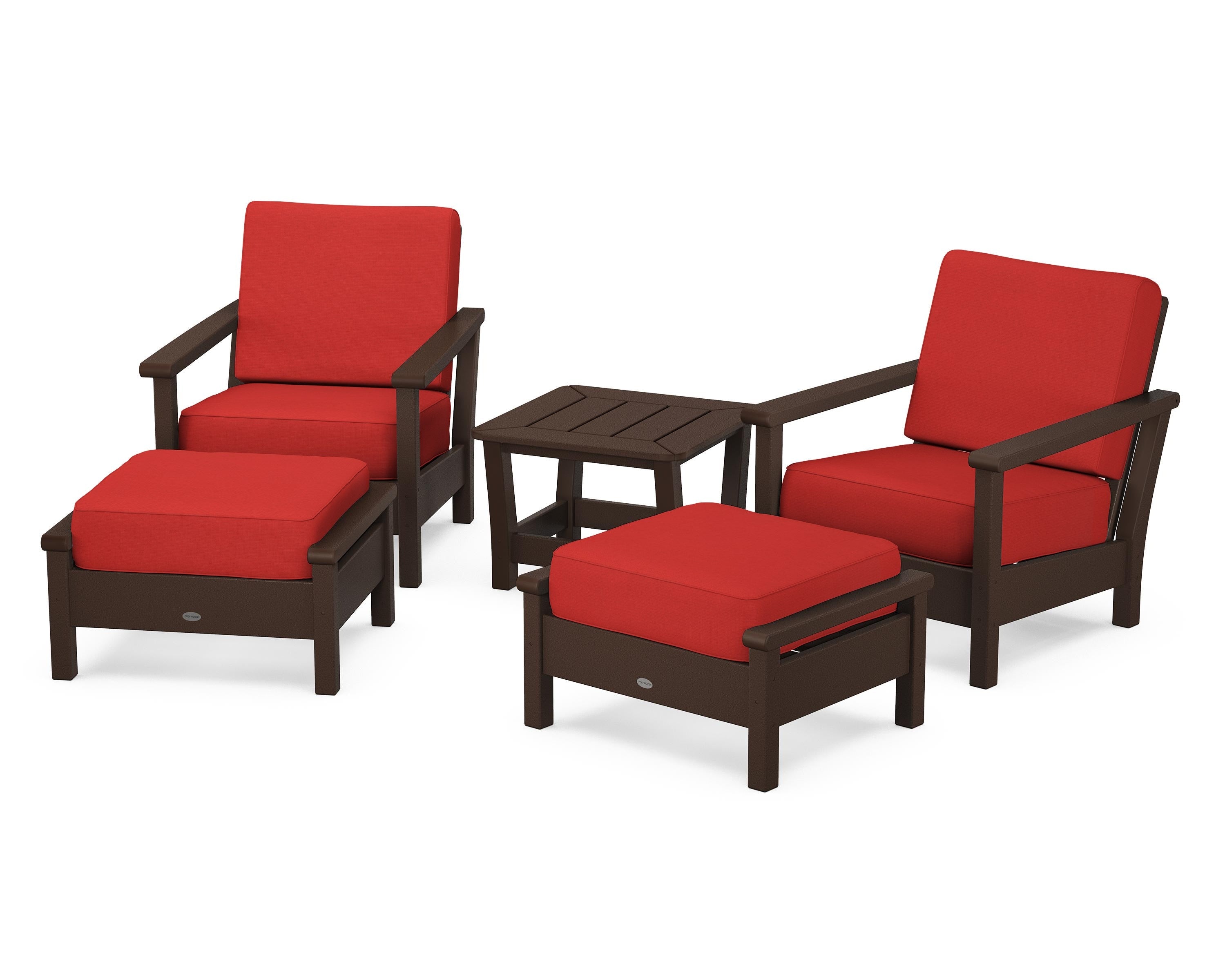 POLYWOOD® Harbour 5-Piece Deep Seating Chair Set in Mahogany / Crimson Linen