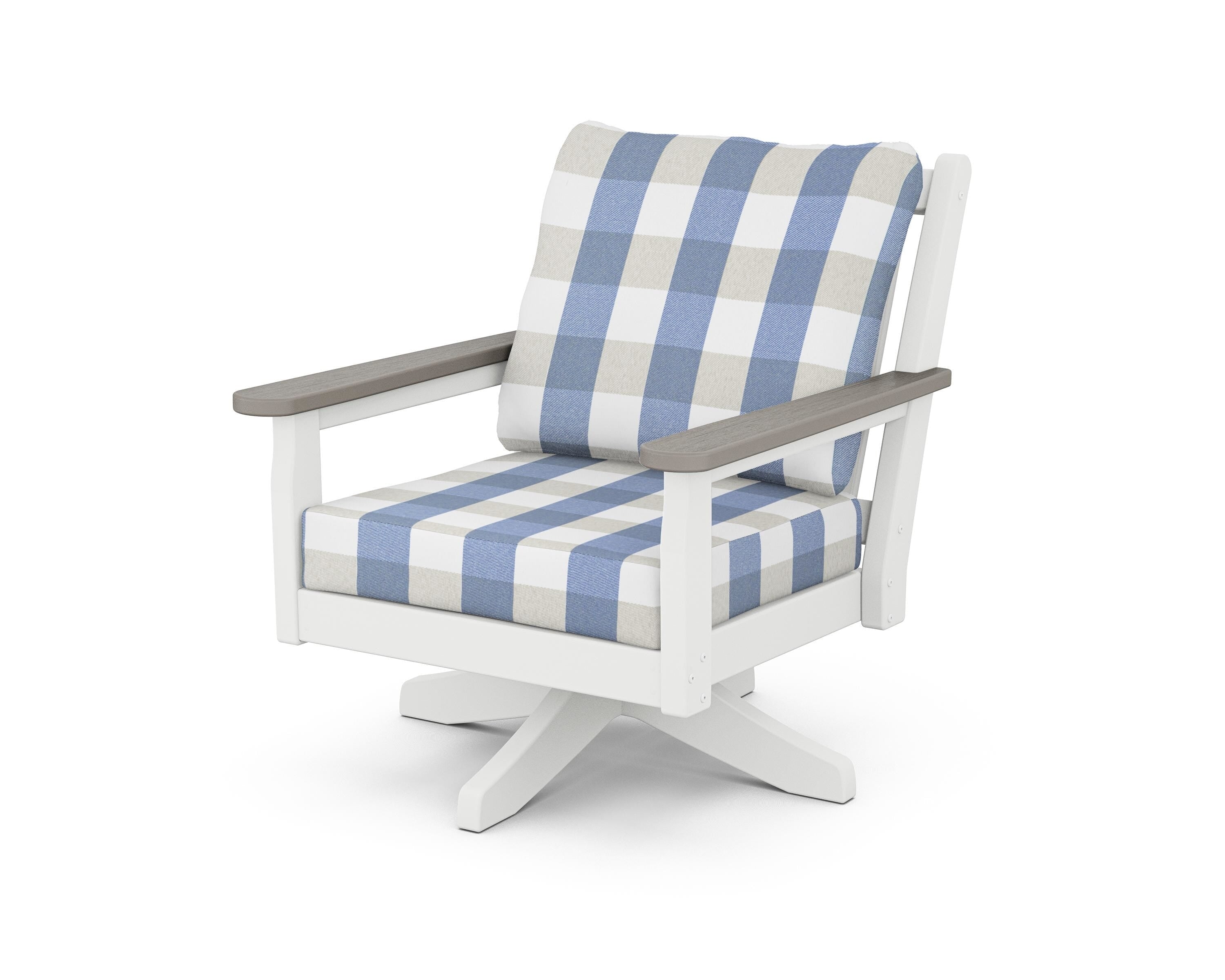 POLYWOOD® Chippendale Deep Seating Swivel Chair in White / Driftwood / Buffalo Plaid Sky Blue