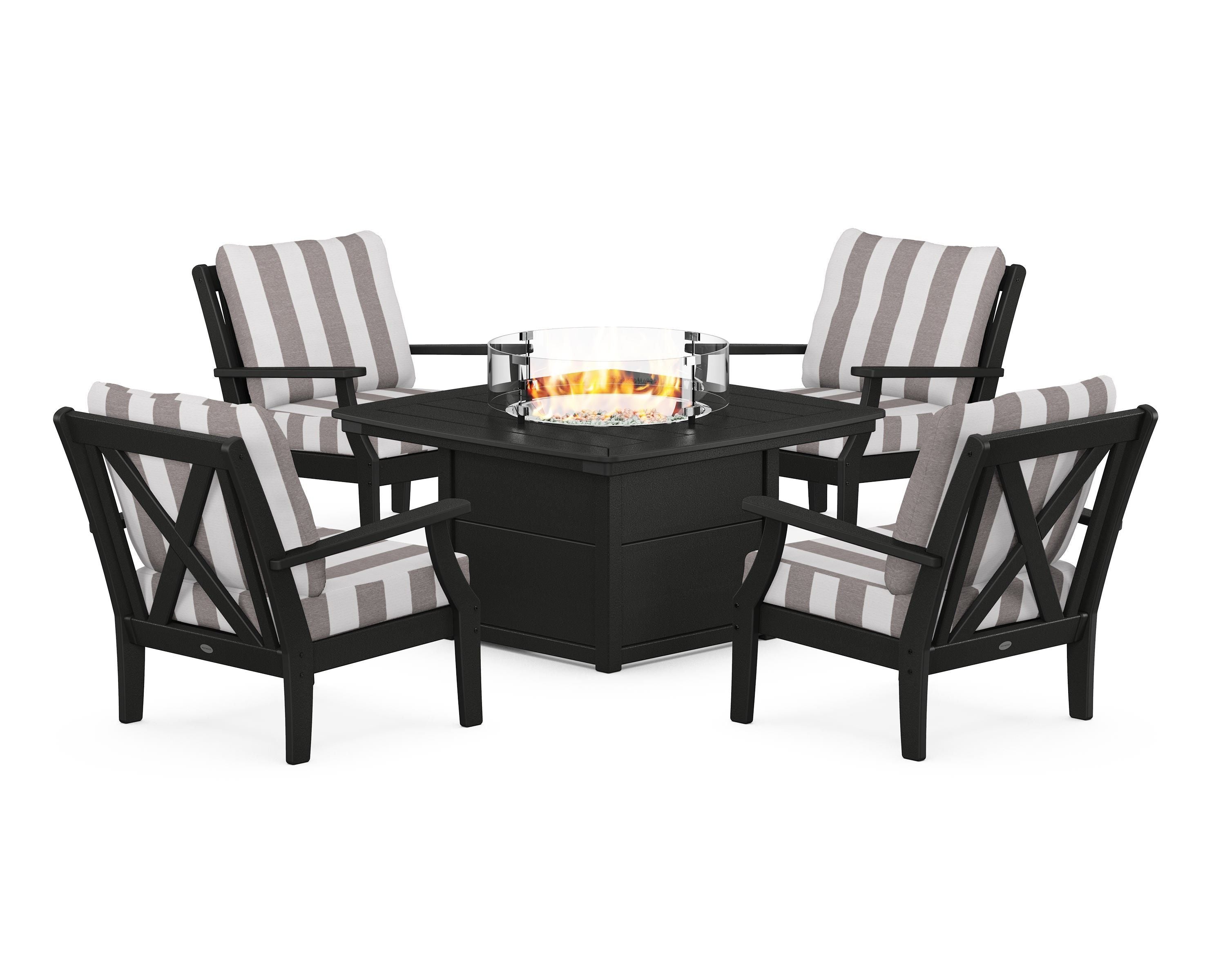 POLYWOOD® Braxton 5-Piece Deep Seating Conversation Set with Fire Pit Table in Black / Cabana Stripe Grey Mist