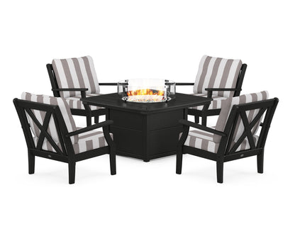 POLYWOOD® Braxton 5-Piece Deep Seating Conversation Set with Fire Pit Table in Black / Cabana Stripe Grey Mist