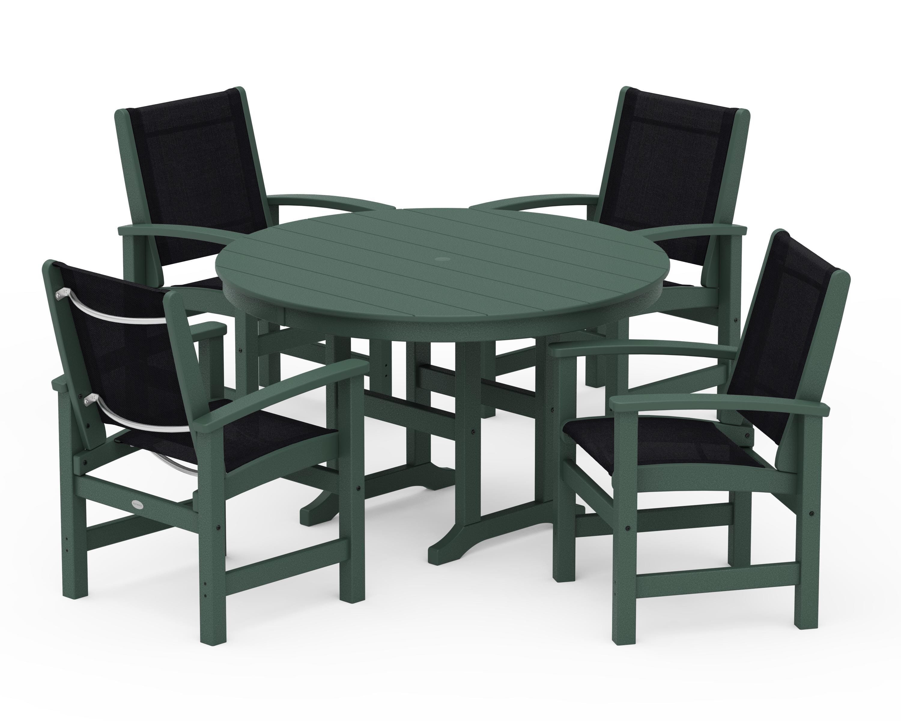 POLYWOOD® Coastal 5-Piece Round Farmhouse Dining Set in Green / Black Sling