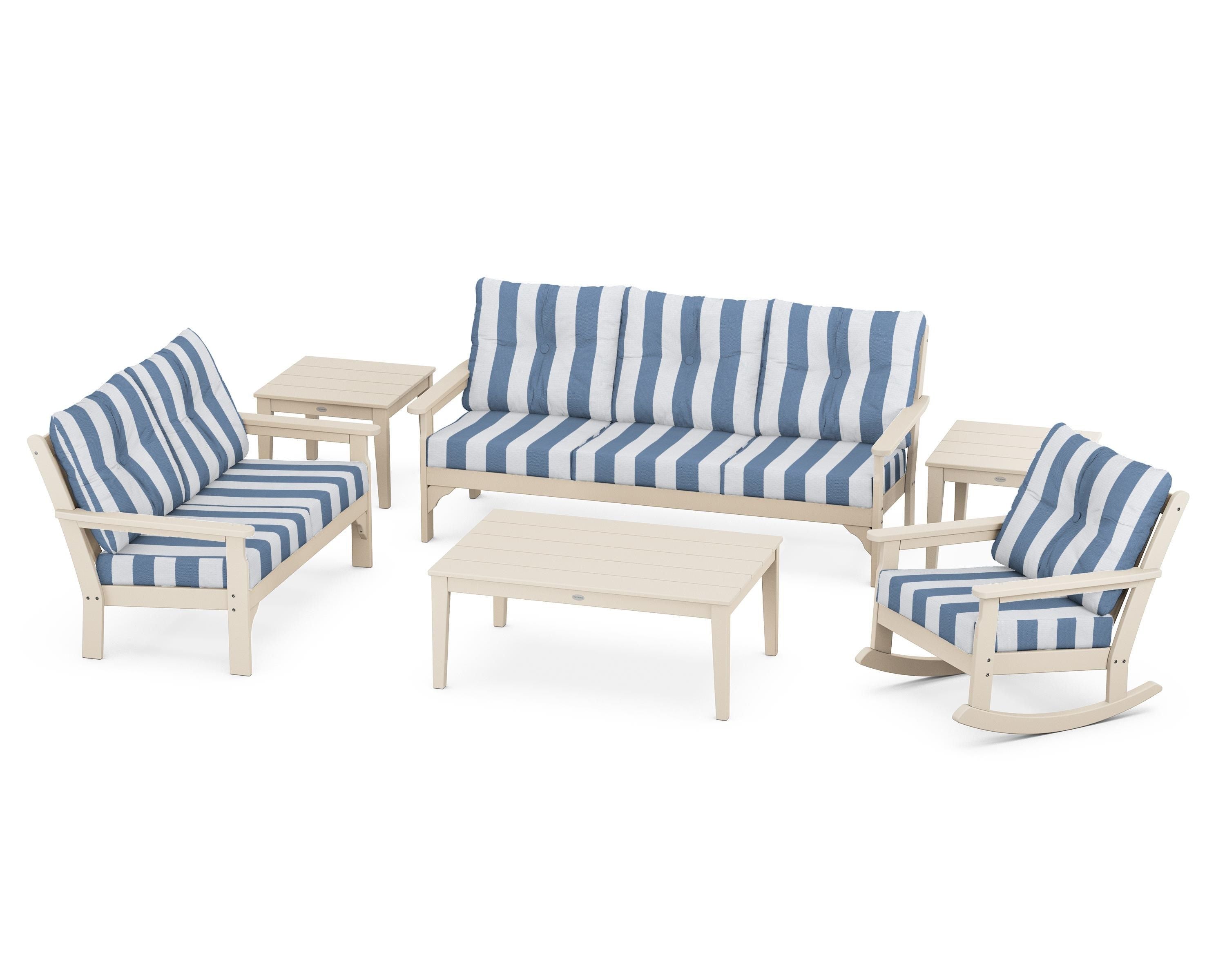 POLYWOOD® Vineyard 6-Piece Deep Seating Set in Sand / Cabana Stripe Sky Blue