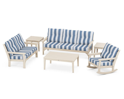 POLYWOOD® Vineyard 6-Piece Deep Seating Set in Sand / Cabana Stripe Sky Blue