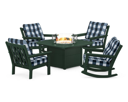 POLYWOOD® Vineyard 5-Piece Deep Seating Rocking Chair Conversation Set with Fire Pit Table in Green / Buffalo Plaid Marine Indigo