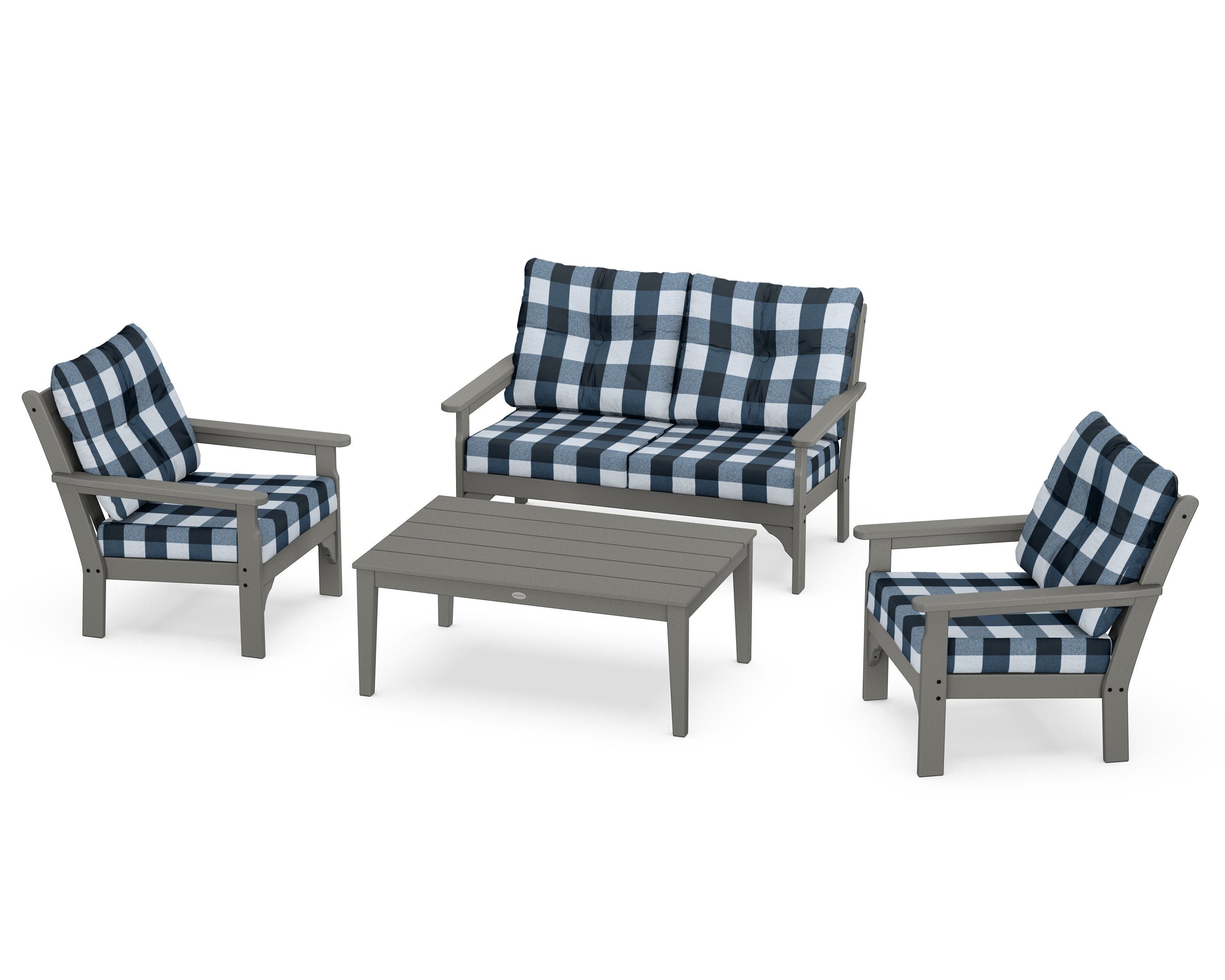POLYWOOD® Vineyard 4-Piece Deep Seating Set in Slate Grey / Buffalo Plaid Marine Indigo