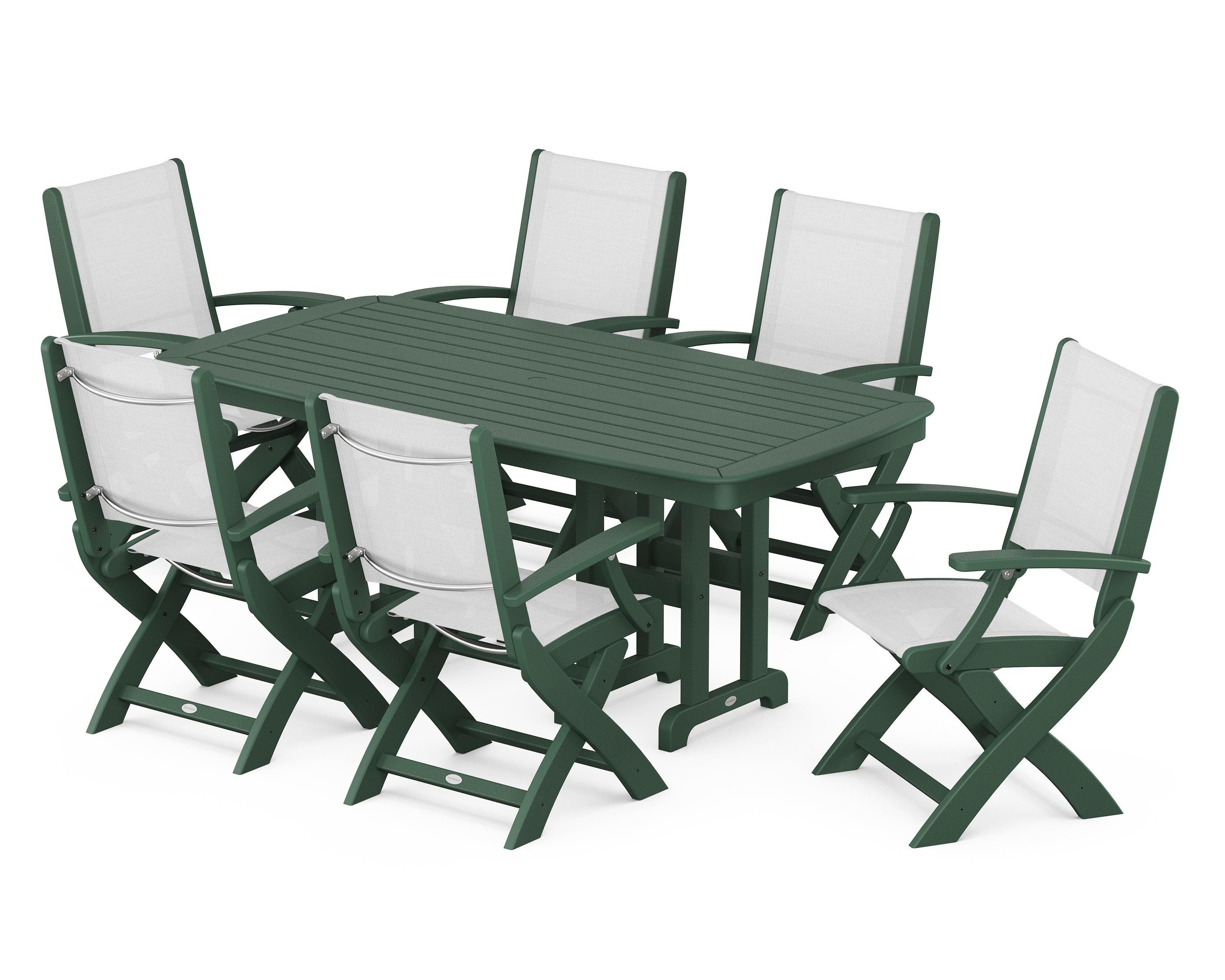 POLYWOOD® Coastal Folding Arm Chair 7-Piece Dining Set in Green / White Sling