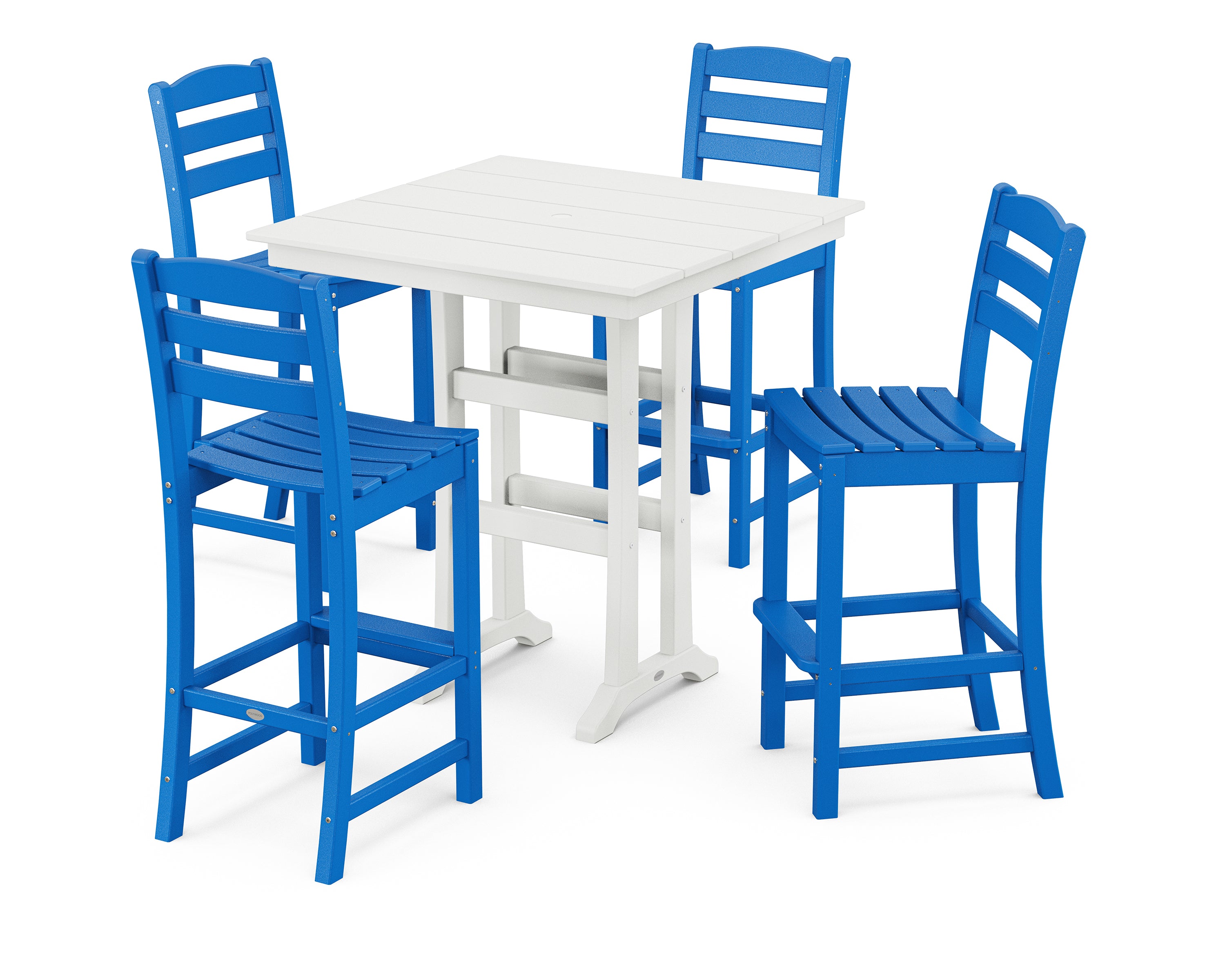 POLYWOOD® La Casa Café 5-Piece Farmhouse Trestle Bar Set in Pacific Blue / White