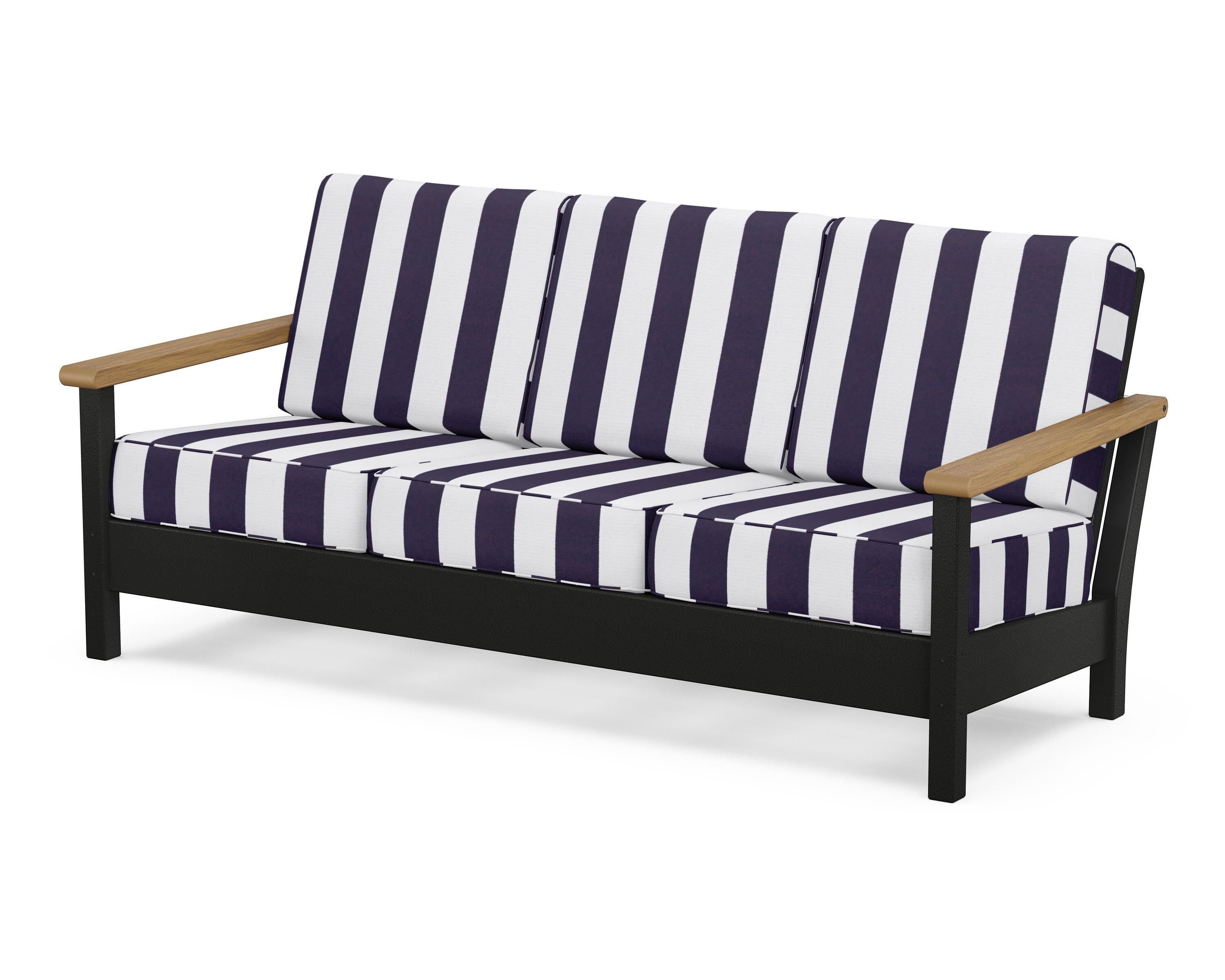 POLYWOOD® Harbour Deep Seating Sofa in Black / Natural / Cabana Stripe Navy