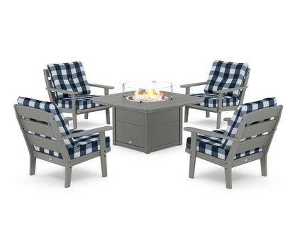POLYWOOD® Lakeside 5-Piece Deep Seating Set with Nautical Fire Pit Table in Slate Grey / Buffalo Plaid Marine Indigo