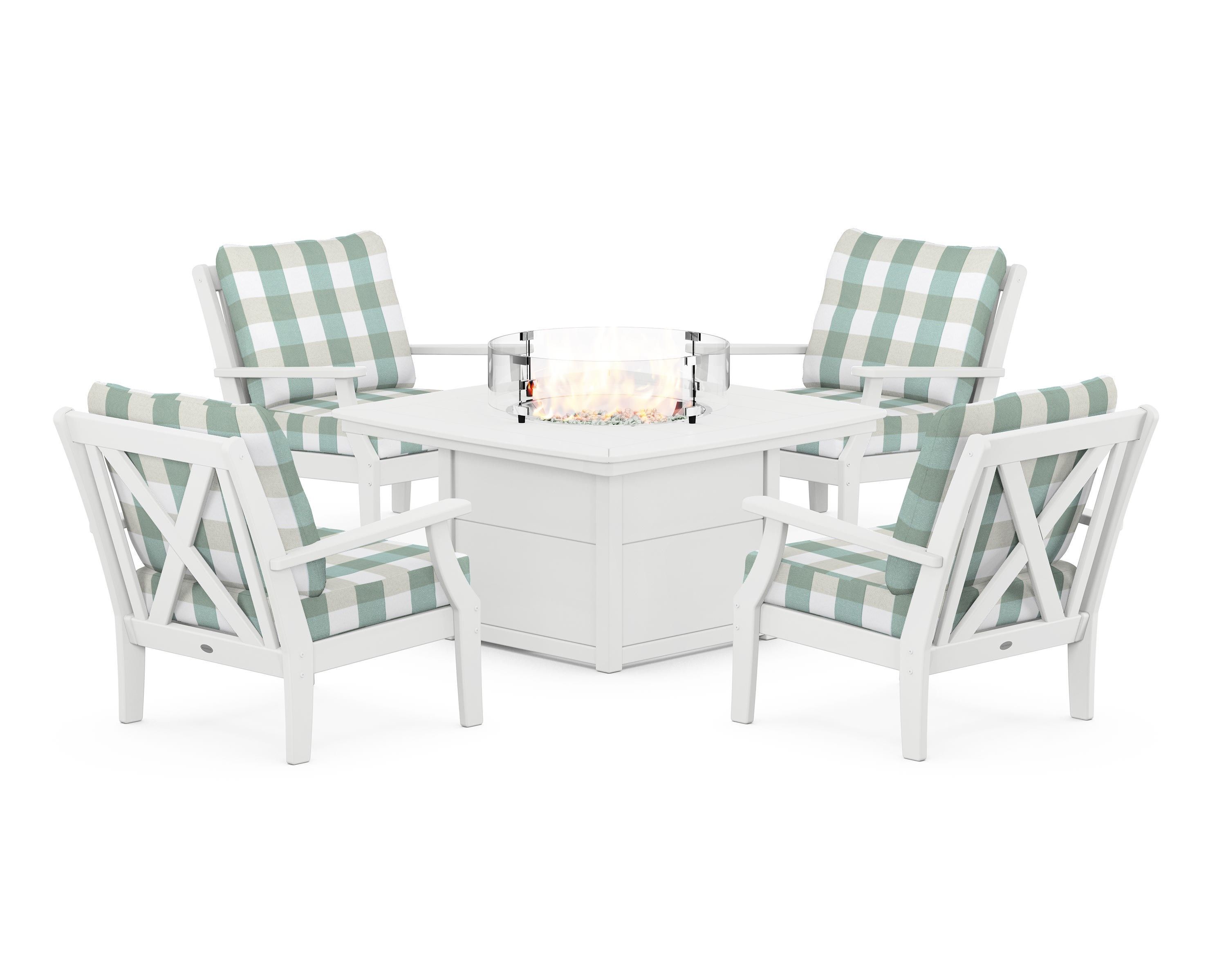 POLYWOOD® Braxton 5-Piece Deep Seating Conversation Set with Fire Pit Table in White / Buffalo Plaid Glacier Spa