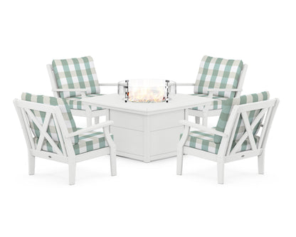 POLYWOOD® Braxton 5-Piece Deep Seating Conversation Set with Fire Pit Table in White / Buffalo Plaid Glacier Spa