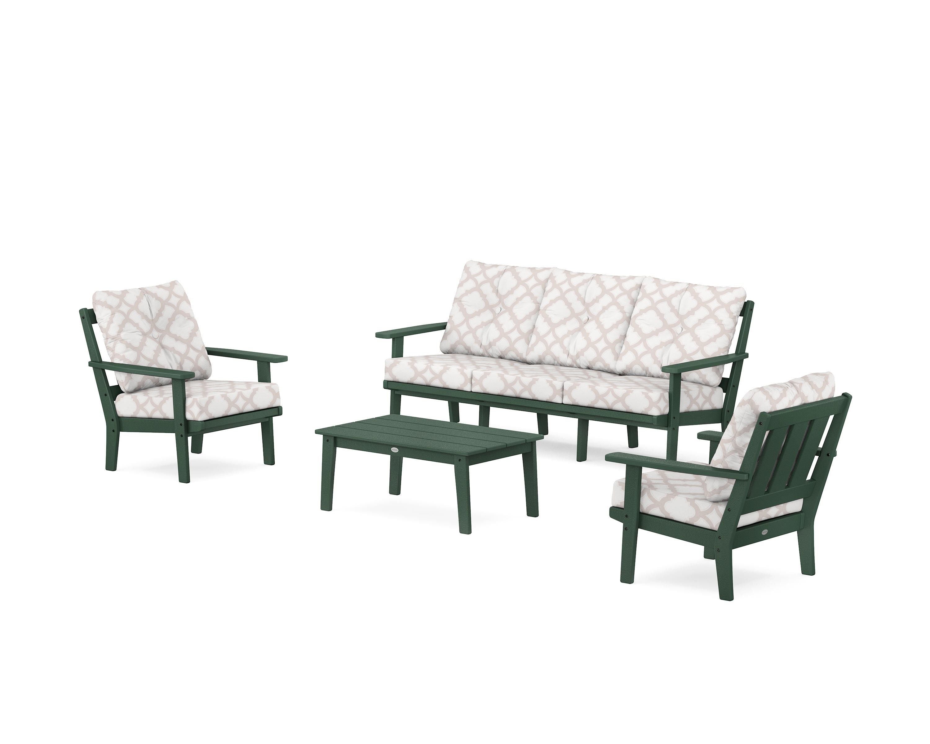 POLYWOOD® Oxford 4-Piece Deep Seating Set with Sofa in Green / Trellis Dune Burlap