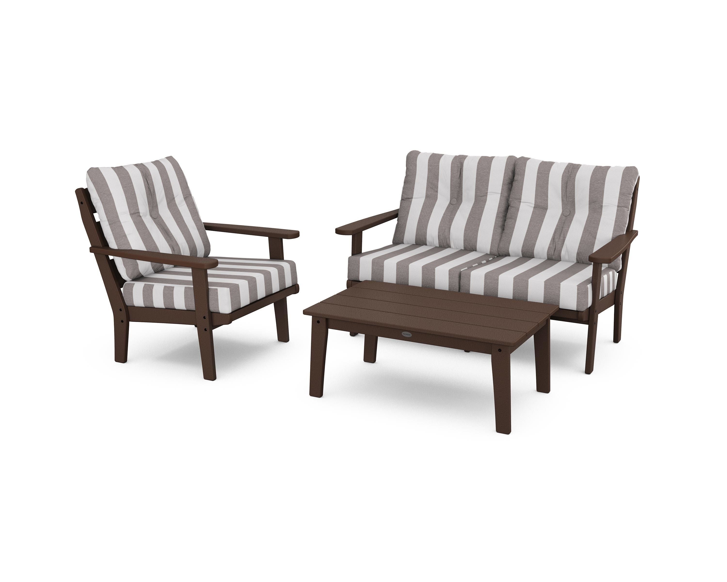 POLYWOOD® Lakeside 3-Piece Deep Seating Set in Mahogany / Cabana Stripe Grey Mist