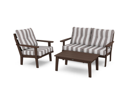 POLYWOOD® Lakeside 3-Piece Deep Seating Set in Mahogany / Cabana Stripe Grey Mist