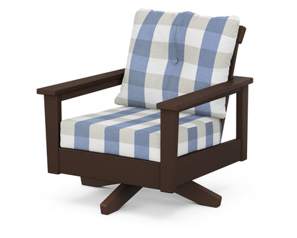 POLYWOOD® Prescott Deep Seating Swivel Chair in Mahogany / Buffalo Plaid Sky Blue