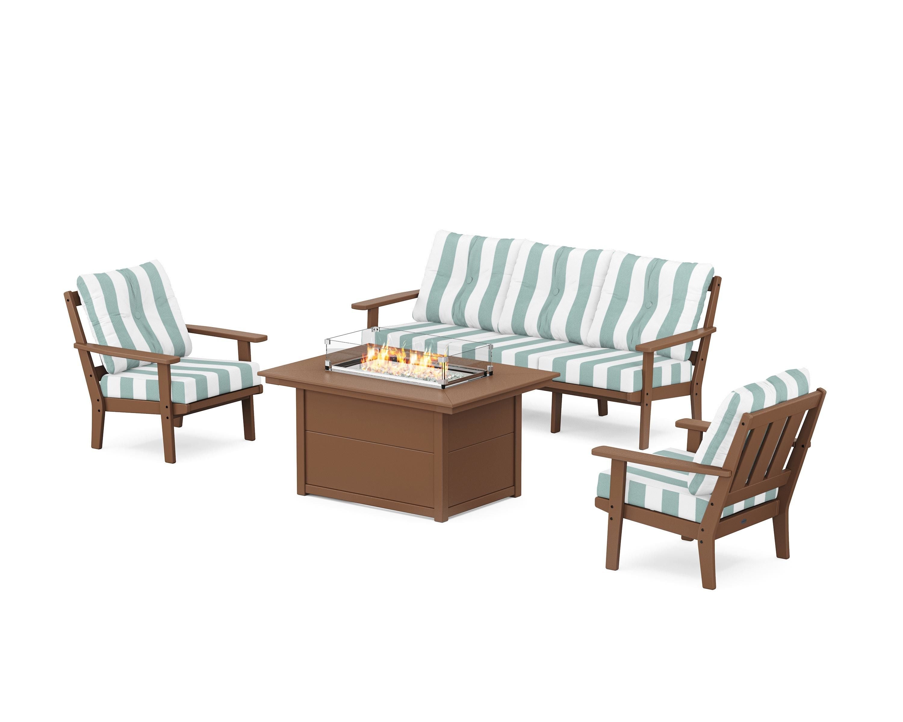 POLYWOOD® Oxford Deep Seating Fire Pit Table Set in Teak / Cabana Stripe Glacier Spa