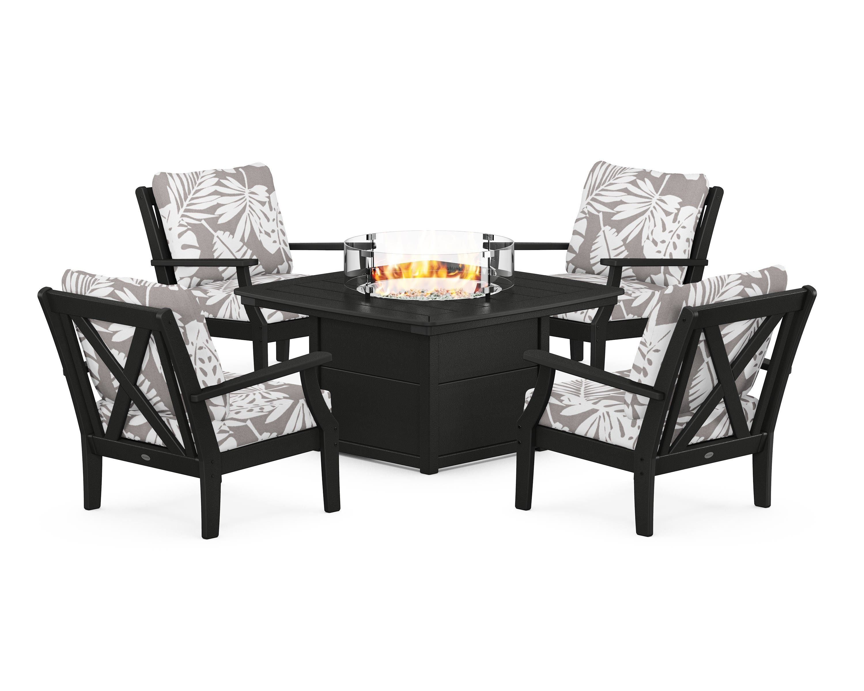 POLYWOOD® Braxton 5-Piece Deep Seating Conversation Set with Fire Pit Table in Black / Leaf Grey Mist