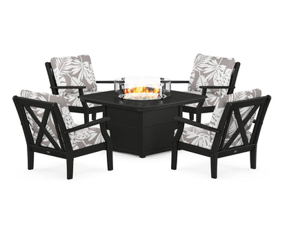 POLYWOOD® Braxton 5-Piece Deep Seating Conversation Set with Fire Pit Table in Black / Leaf Grey Mist