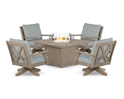 POLYWOOD® Braxton 5-Piece Deep Seating Swivel Conversation Set with Fire Pit Table in Vintage Sahara / Spa