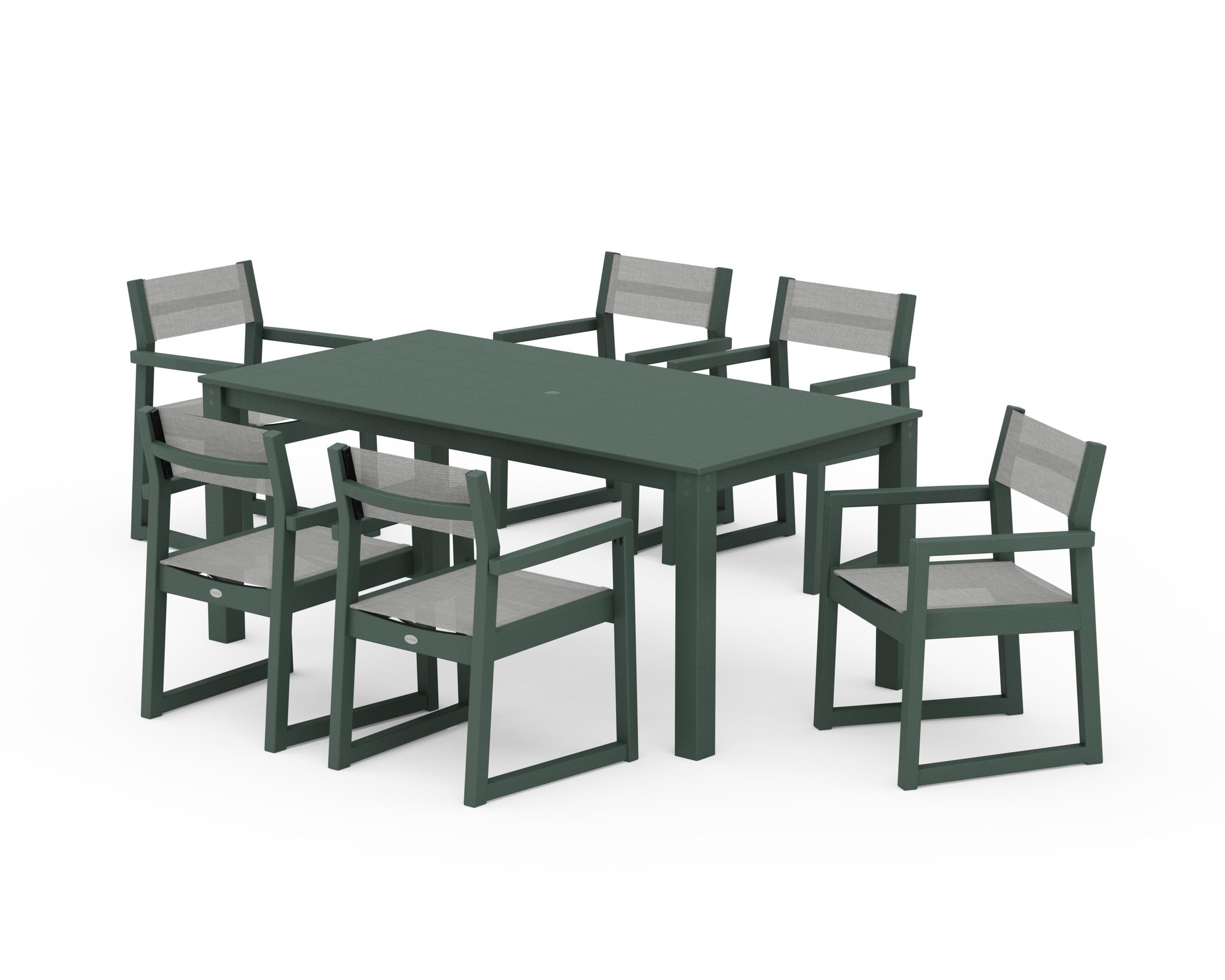 POLYWOOD® EDGE Sling Arm Chair 7-Piece Parsons Dining Set in Green / Metallic Sling