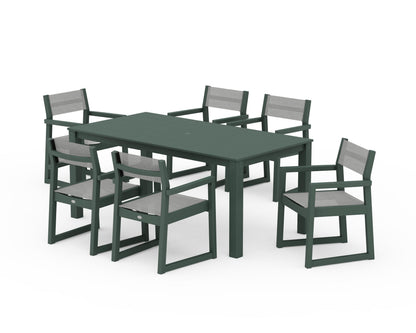 POLYWOOD® EDGE Sling Arm Chair 7-Piece Parsons Dining Set in Green / Metallic Sling