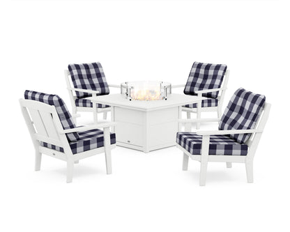 POLYWOOD® Mission 5-Piece Deep Seating Set with Fire Pit Table in White / Buffalo Plaid Navy