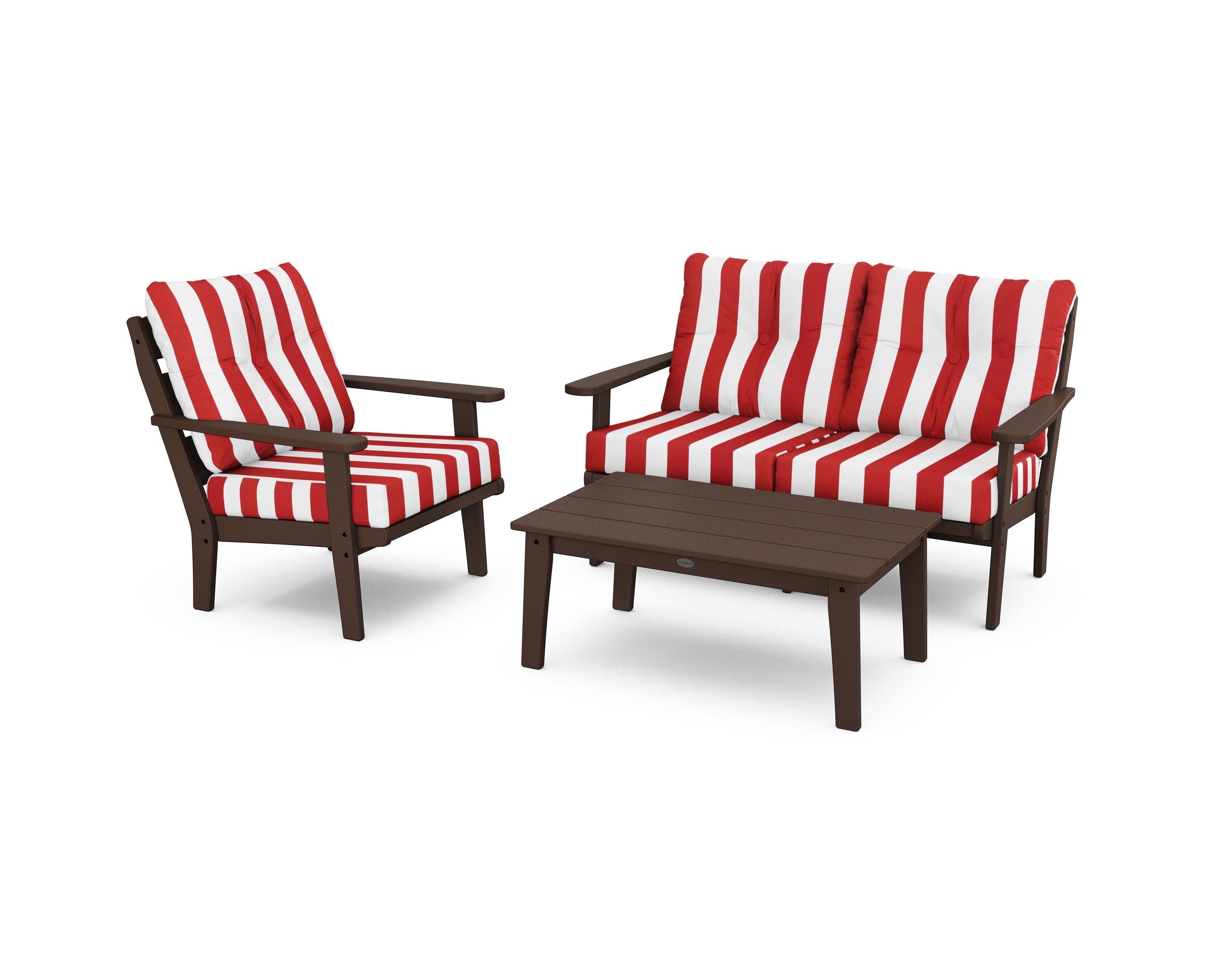 POLYWOOD® Lakeside 3-Piece Deep Seating Set in Mahogany / Cabana Stripe Crimson