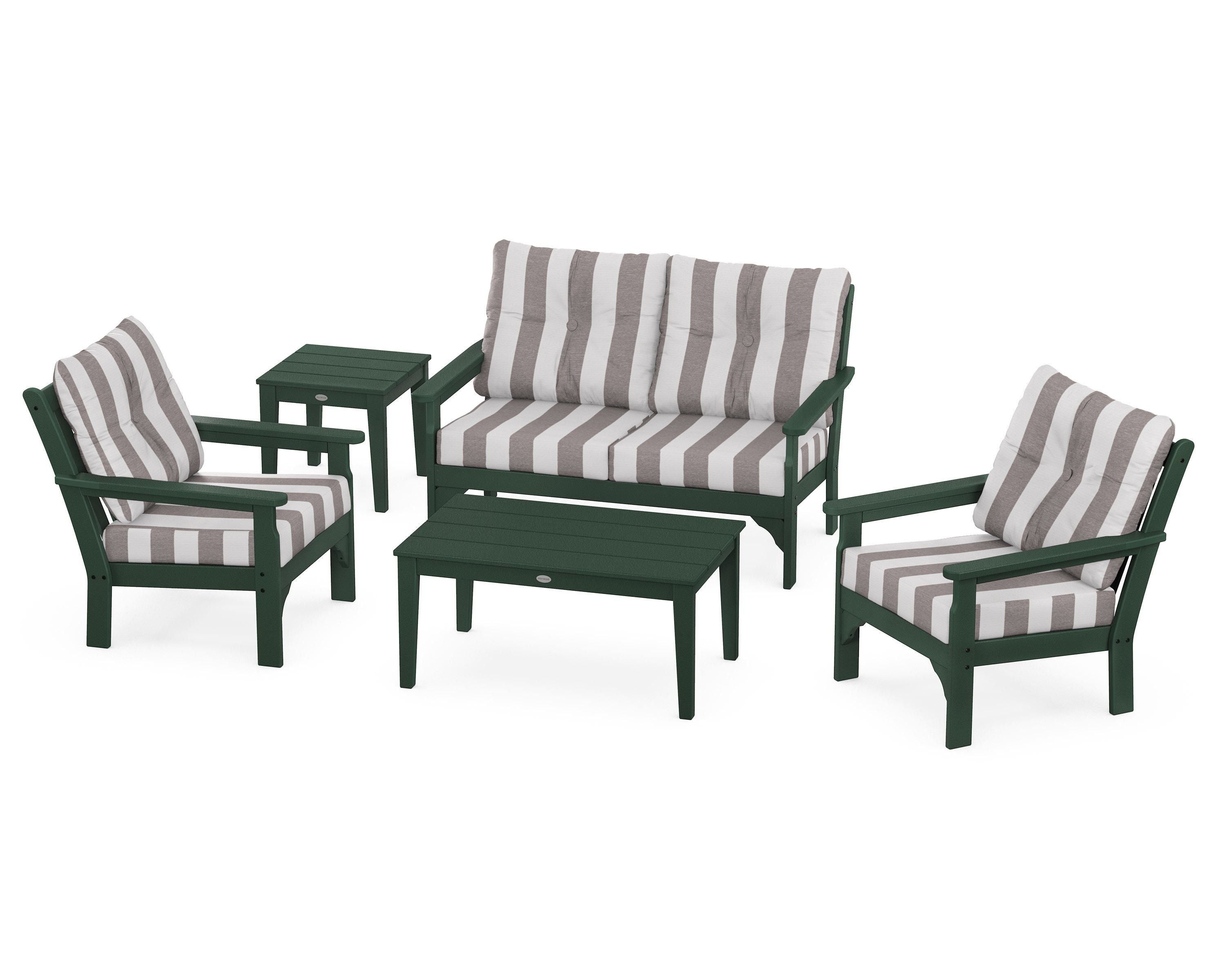 POLYWOOD® Vineyard 5-Piece Deep Seating Set in Green / Cabana Stripe Grey Mist