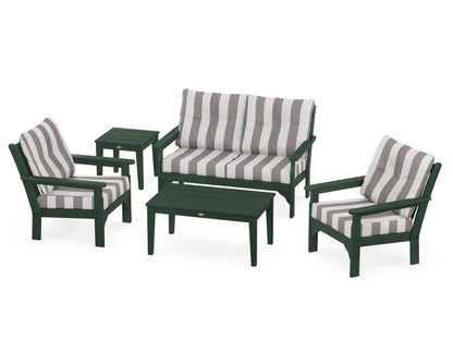 POLYWOOD® Vineyard 5-Piece Deep Seating Set in Green / Cabana Stripe Grey Mist
